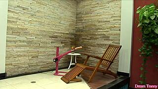 Intriguing Blonde Tranny Luana Pacheco Rides Machine Dildo Deep in Her Ass