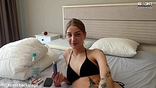 Oksana, Sasha, bend over—backstage piss floods your slutty faces in 3some