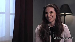 bound brunette gags on cock then takes brutal anal flogging!