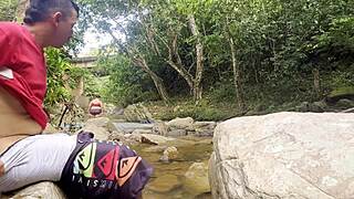 unknown river handjob babe lets me milk her huge tits