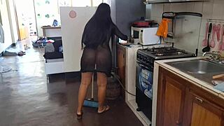 leaked mexican influencer fingers clit squirts with broomstick kitchen solo orgasm