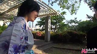 I watch Japanese kimono beauty suck cock outdoors uncensored