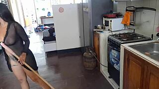 leaked mexican influencer fingers clit squirts with broomstick kitchen solo orgasm