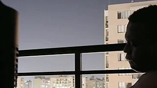 Wild amateur couple sucks best friend's boyfriend's huge cock on balcony!