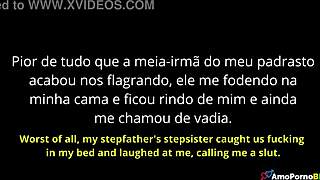 meia-irma do padrasto ri enquanto ele me fode