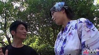 I watch Japanese kimono beauty suck cock outdoors uncensored