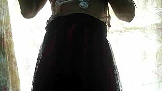 lady alice stuffs huge dildo deep in anal while in lingerie pantyhose high heels