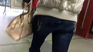 street train jacket boots candid nylon jeans hidden ass tease