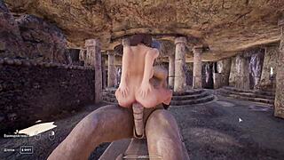 Awakened statue's huge cock ravages Lara's pussy and ass in hentai cave game
