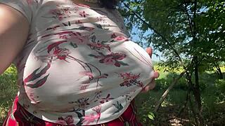Big Boobed Milf Wife Fingers Hairy Pussy in Public Forest