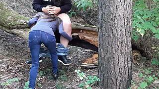 Stepsis spies girlfriend pussy licking in forest sex