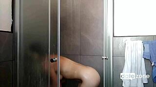 Beautiful perfect tits girl orgasms hard in shower stream