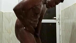 Horny Amateur Bottom Jerks Huge Cock Masturbates in Shower