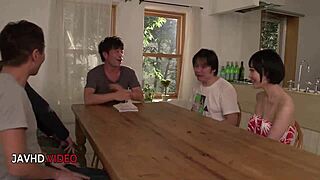 Yu Shinoda's Intense Holiday Facial from Double Cock Blowjob Orgy