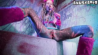 Tattooed goth slut solos double penetration toys ass to mouth fingering