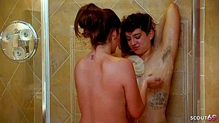 lesbian milfs fuck hairy armpits pussies strap on shower finish