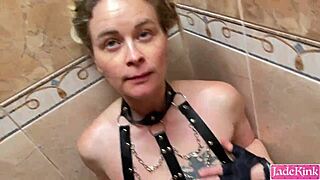 Blue Eyed Slut Bound and Gagging on Rough Cock in Shower