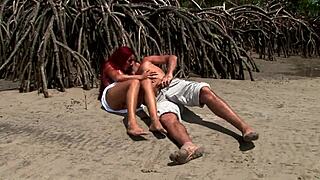 Beach couple fucks gaping pussy with blowjob cumswap outdoors