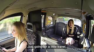 Fishnet lesbians lick pussies wildly in hidden cam fake taxi