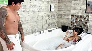 milf hops in tub with stepson while hubby's gone, ends up riding cock