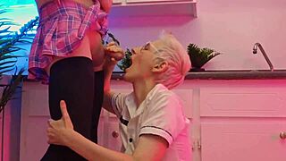 Cute Short-Haired Euro Couple: Homemade Blowjob Ends in Facial Piss and Cum