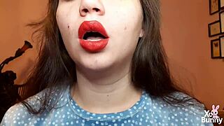 big red lips brunette smokes while teasing curvy tits pov closeup