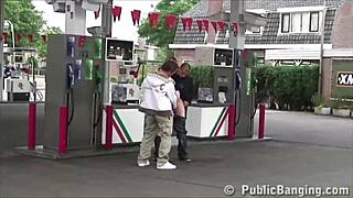 Pregnant Beauty Bent Over Gas Station Pump Takes Double Dicking
