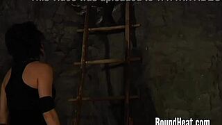 Lesbian mistress gropes bound slave's big tits in domination play