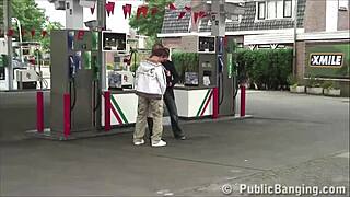 Pregnant Beauty Bent Over Gas Station Pump Takes Double Dicking