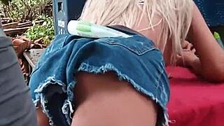 Blonde stepdaughter spanks ass with sex toy