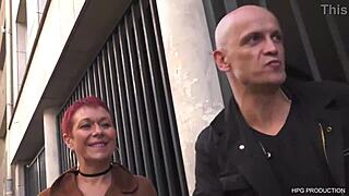 Cougar joins two guys for intense double blowjob threesome group action