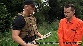 mature blonde cougar throats robber's cock after massive boobs mercy!