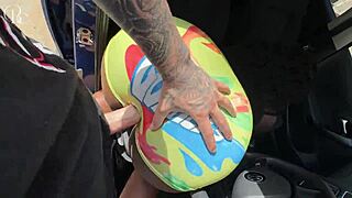 big ass ebony slut bends over tight shorts at car wash for gloryhole doggystyle pounding