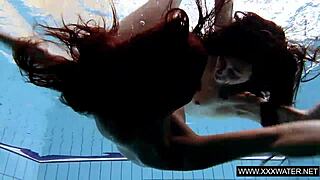 shaved bigtits brunette teen pussy teased underwater shower