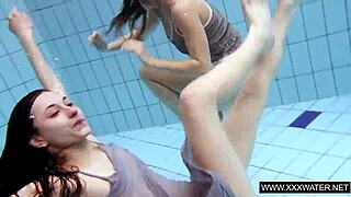 shaved bigtits brunette teen pussy teased underwater shower