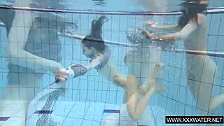 shaved bigtits brunette teen pussy teased underwater shower