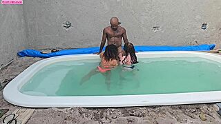 stroking by the pool then pounding two hotties with creampie finishes