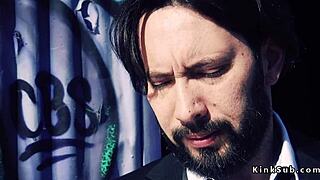 hubby cheats banging bound redhead's huge tits with rough anal gagging