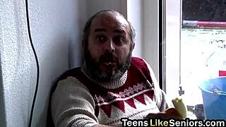 blonde glasses teen blows old dude's cock hard