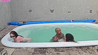 stroking by the pool then pounding two hotties with creampie finishes