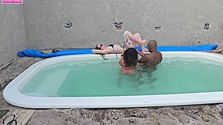stroking by the pool then pounding two hotties with creampie finishes