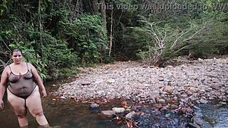My heart races feeling that huge cock throb in outdoor river sex.