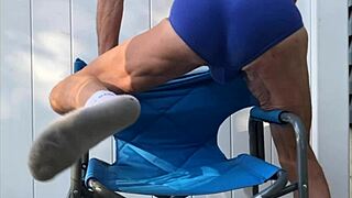 Deep Pelvic Stretches in Blue Briefs on Chair