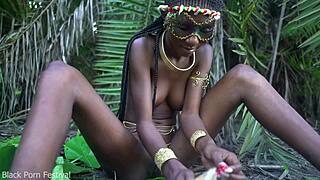Skinny Ebony Beauty Poses Nude Amid African Forest In Sensual Outdoor Solo