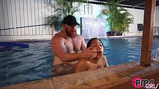 Choking asian milf gags on monster cock before poolside creampie doggy