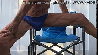 Deep Pelvic Stretches in Blue Briefs on Chair