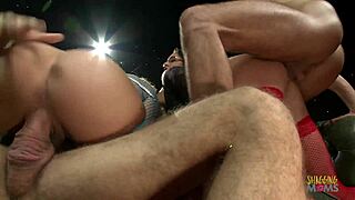 Blond Milf and Busty Brunette Glasses Girl Group Lick