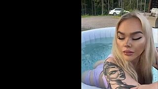 gringa flaunts her massive tits by the pool