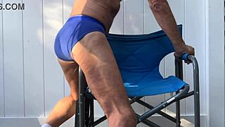 Deep Pelvic Stretches in Blue Briefs on Chair