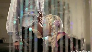 german maid kneels sucking master's cock swallowing every hot load